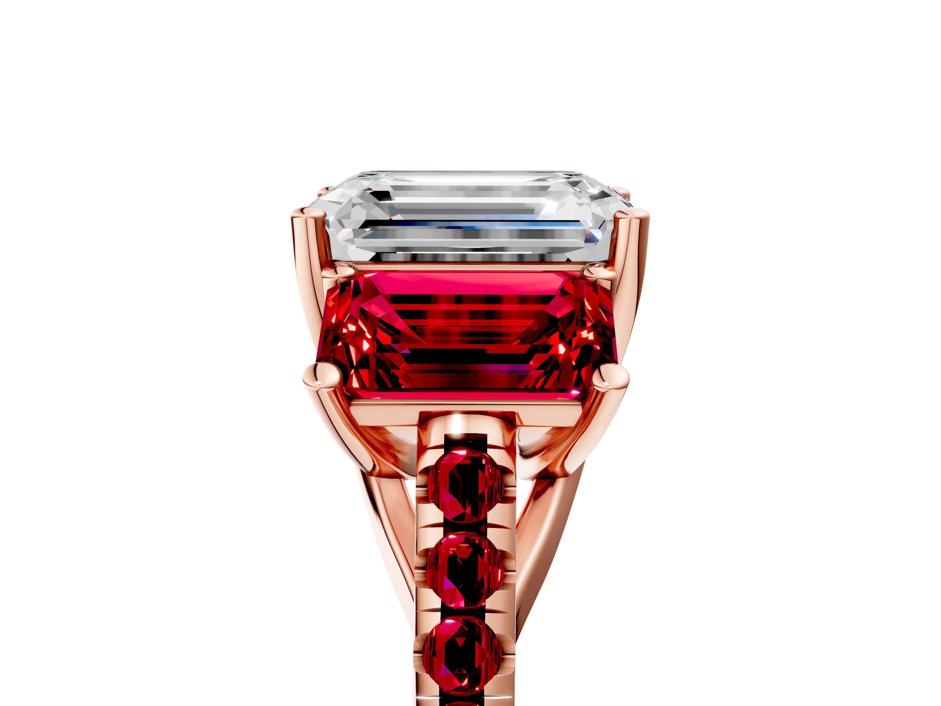 Rose gold Three-Stone Emerald Cut Diamond Ring with Round with Ruby side stone Pavé Band and Prong Setting_5