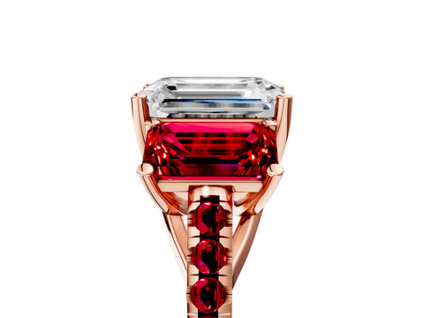 Rose gold Three-Stone Emerald Cut Diamond Ring with Round with Ruby side stone Pavé Band and Prong Setting_5