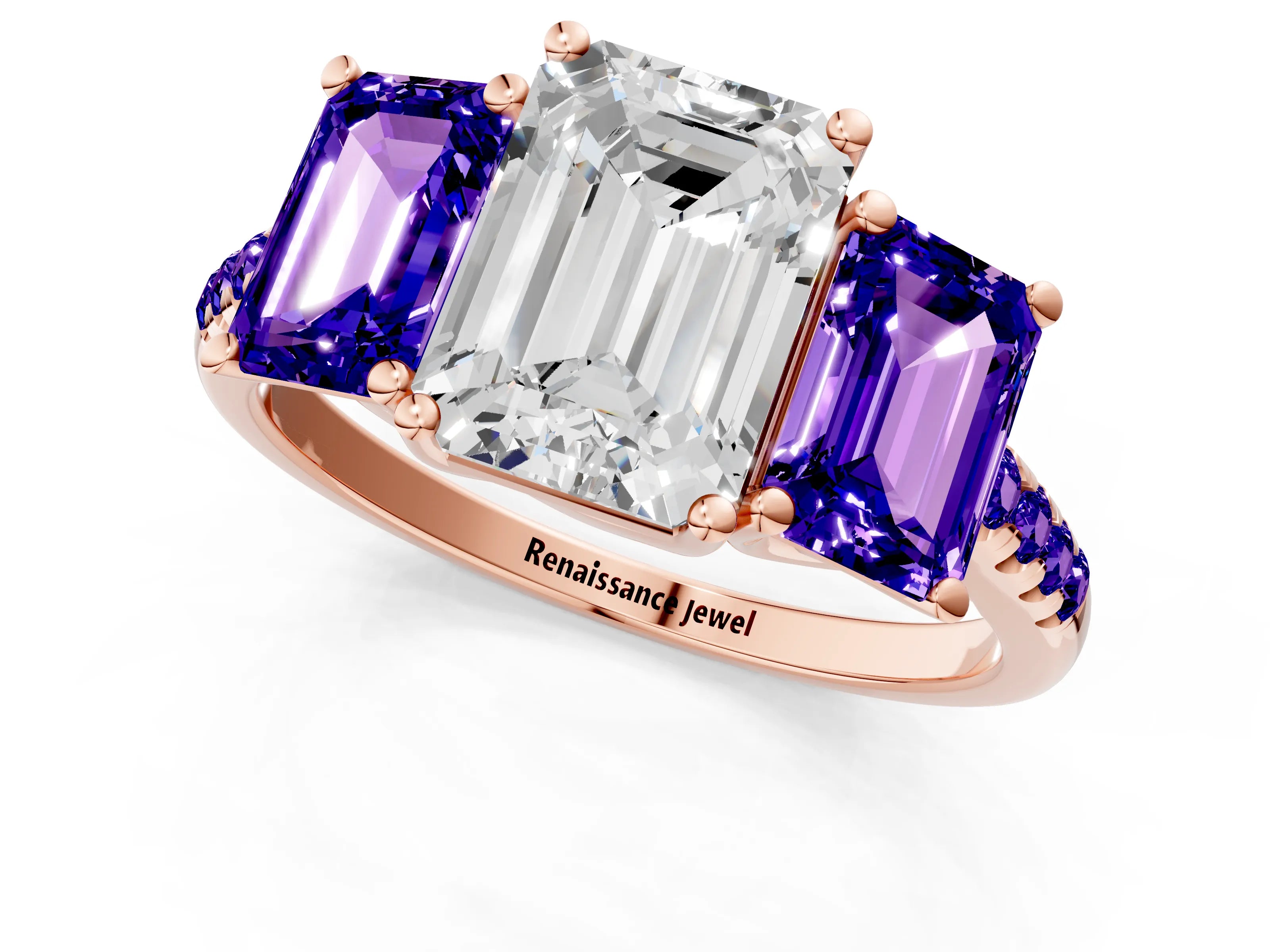 Rose gold Three-Stone Emerald Cut Diamond Ring with Round with Tanzanite side stone Pavé Band and Prong Setting_1