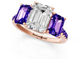 Rose gold Three-Stone Emerald Cut Diamond Ring with Round with Tanzanite side stone Pavé Band and Prong Setting_1