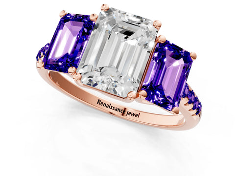 Rose gold Three-Stone Emerald Cut Diamond Ring with Round with Tanzanite side stone Pavé Band and Prong Setting_1