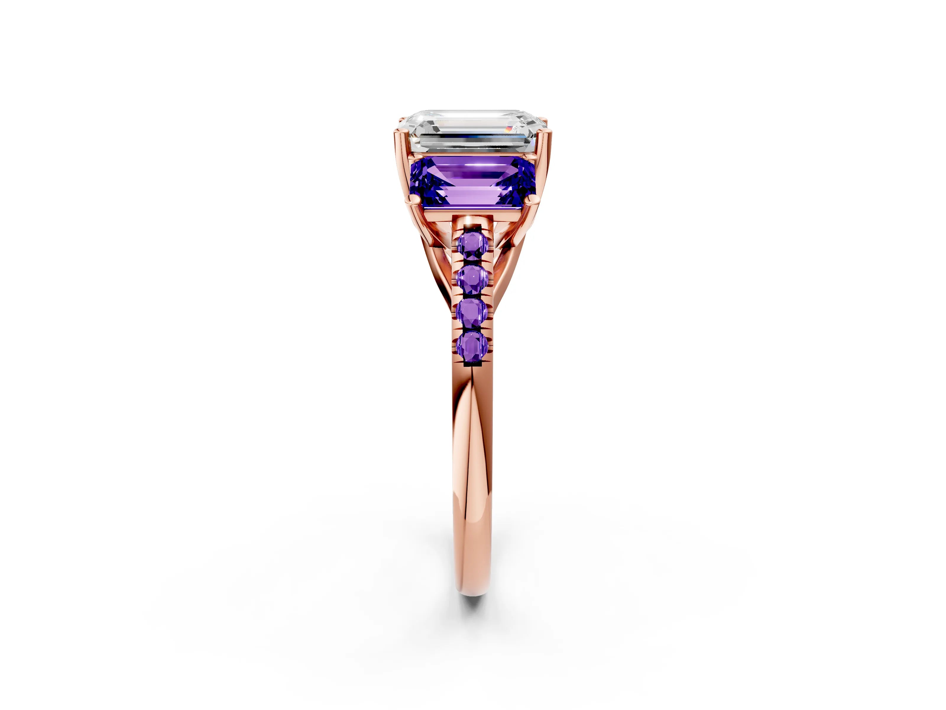 Rose gold Three-Stone Emerald Cut Diamond Ring with Round with Tanzanite side stone Pavé Band and Prong Setting_2