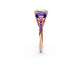 Rose gold Three-Stone Emerald Cut Diamond Ring with Round with Tanzanite side stone Pavé Band and Prong Setting_2