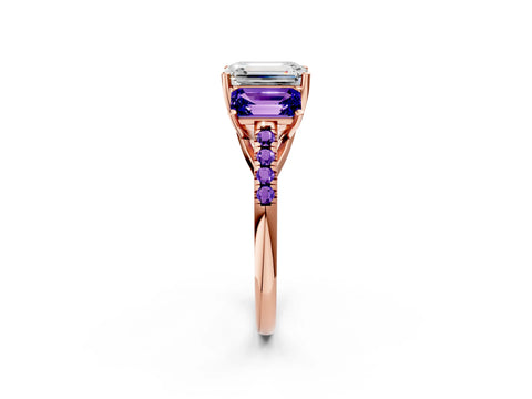 Rose gold Three-Stone Emerald Cut Diamond Ring with Round with Tanzanite side stone Pavé Band and Prong Setting_2