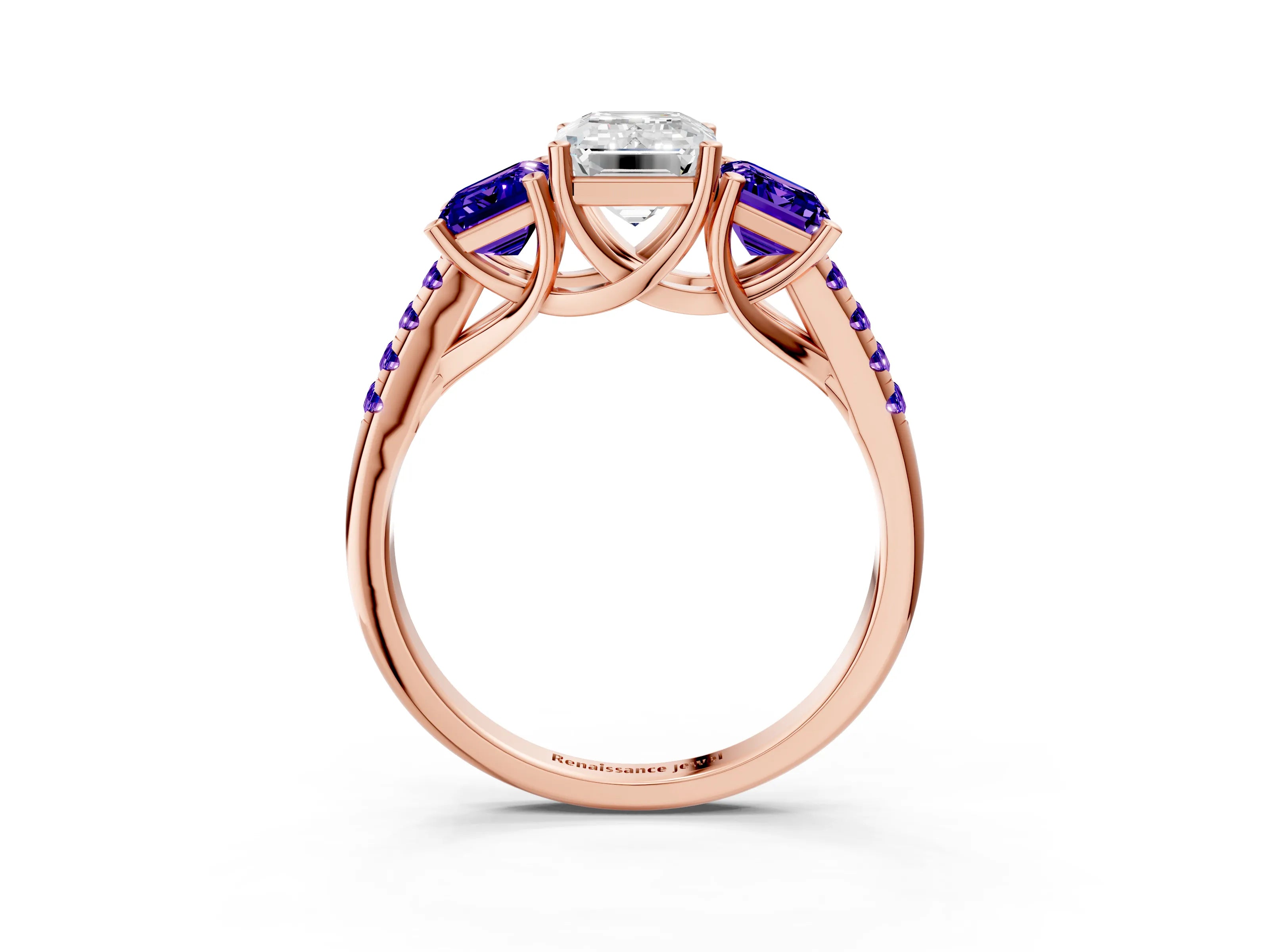 Rose gold Three-Stone Emerald Cut Diamond Ring with Round with Tanzanite side stone Pavé Band and Prong Setting_3