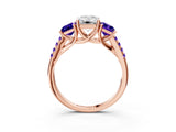 Rose gold Three-Stone Emerald Cut Diamond Ring with Round with Tanzanite side stone Pavé Band and Prong Setting_3