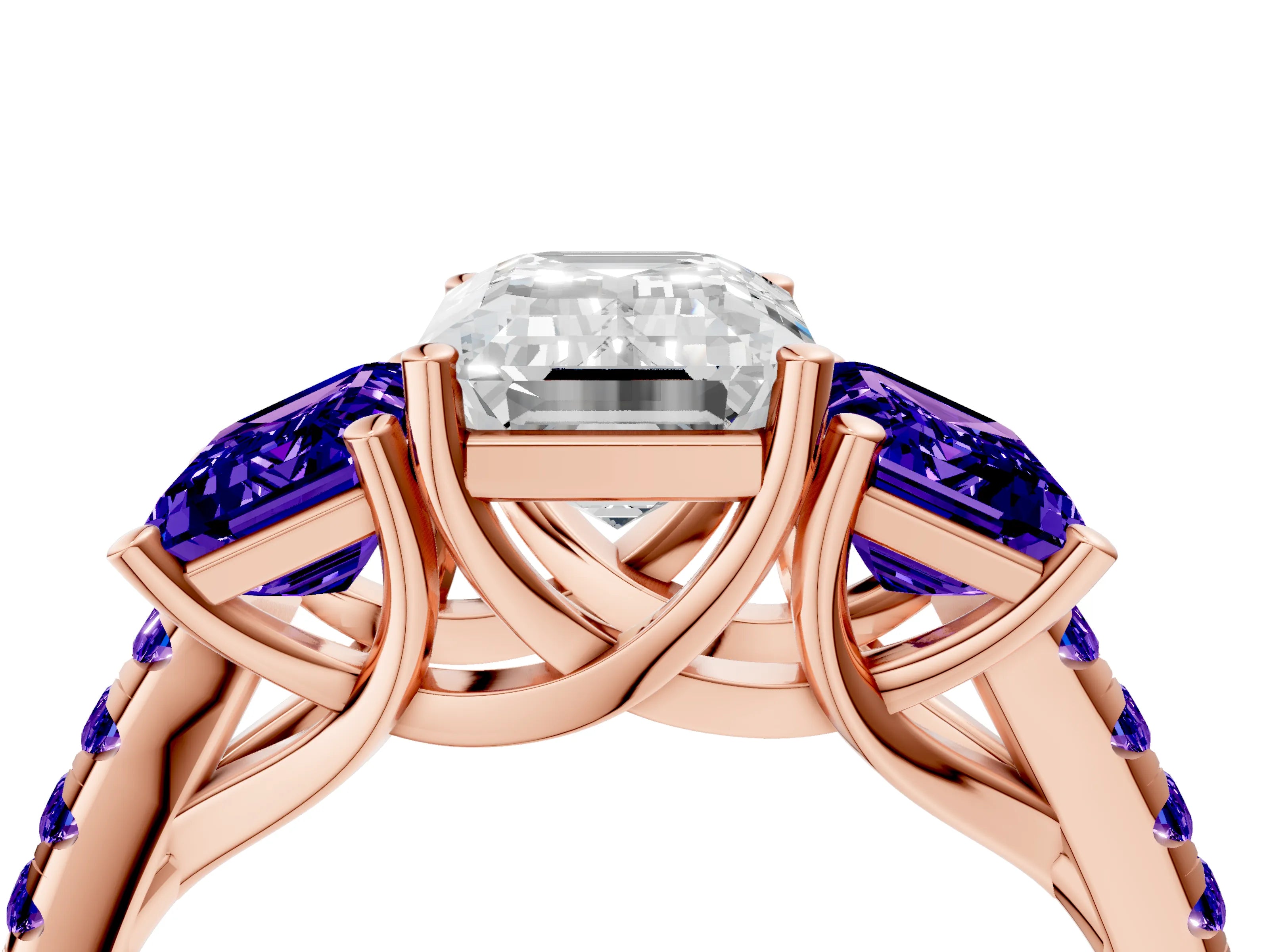 Rose gold Three-Stone Emerald Cut Diamond Ring with Round with Tanzanite side stone Pavé Band and Prong Setting_4