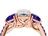 Rose gold Three-Stone Emerald Cut Diamond Ring with Round with Tanzanite side stone Pavé Band and Prong Setting_4