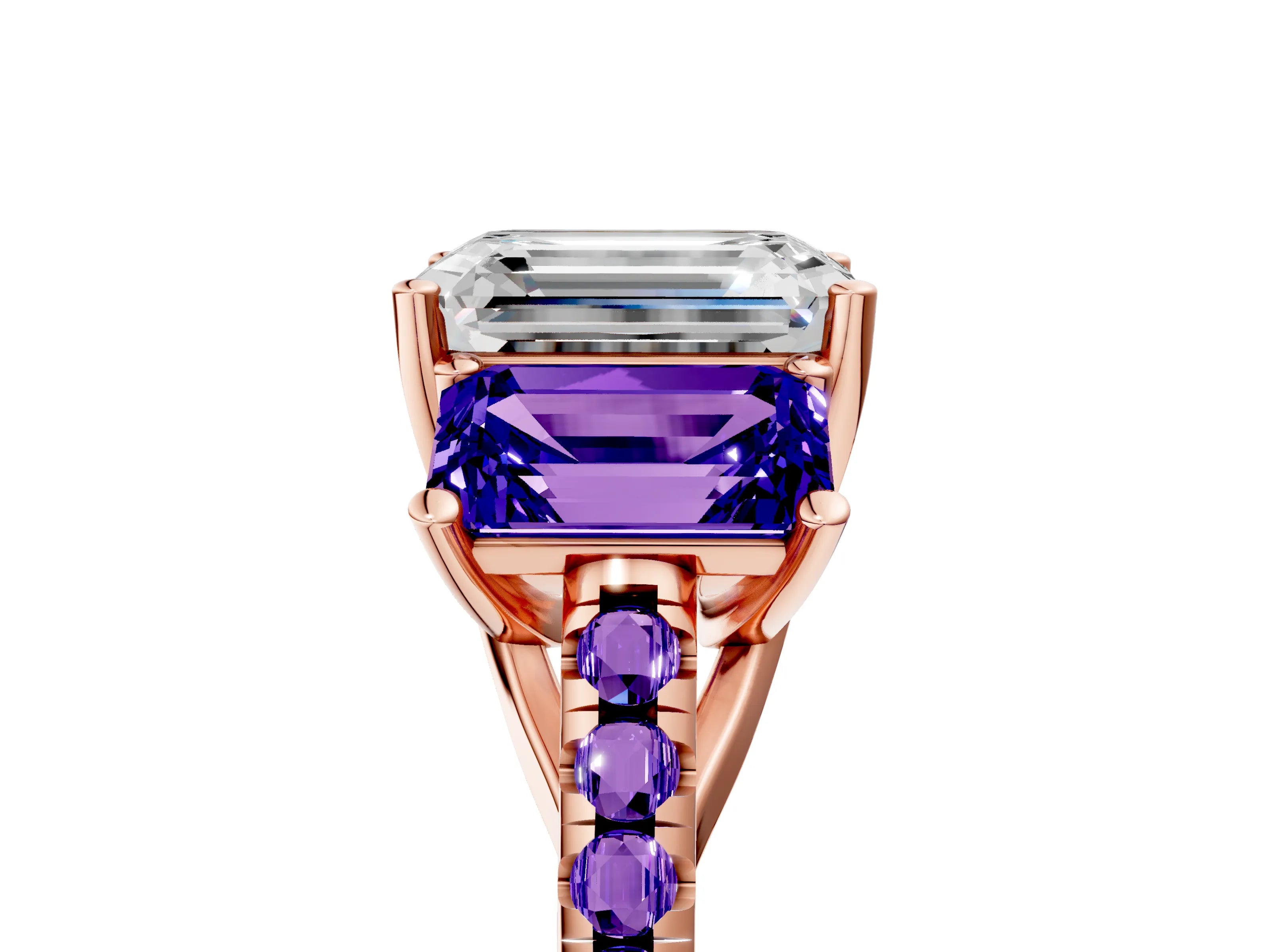 Rose gold Three-Stone Emerald Cut Diamond Ring with Round with Tanzanite side stone Pavé Band and Prong Setting_5