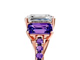 Rose gold Three-Stone Emerald Cut Diamond Ring with Round with Tanzanite side stone Pavé Band and Prong Setting_5