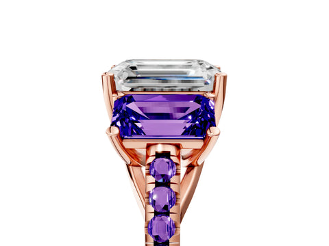 Rose gold Three-Stone Emerald Cut Diamond Ring with Round with Tanzanite side stone Pavé Band and Prong Setting_5