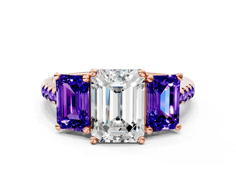 Rose gold Three-Stone Emerald Cut Diamond Ring with Round with Tanzanite side stone Pavé Band and Prong Setting