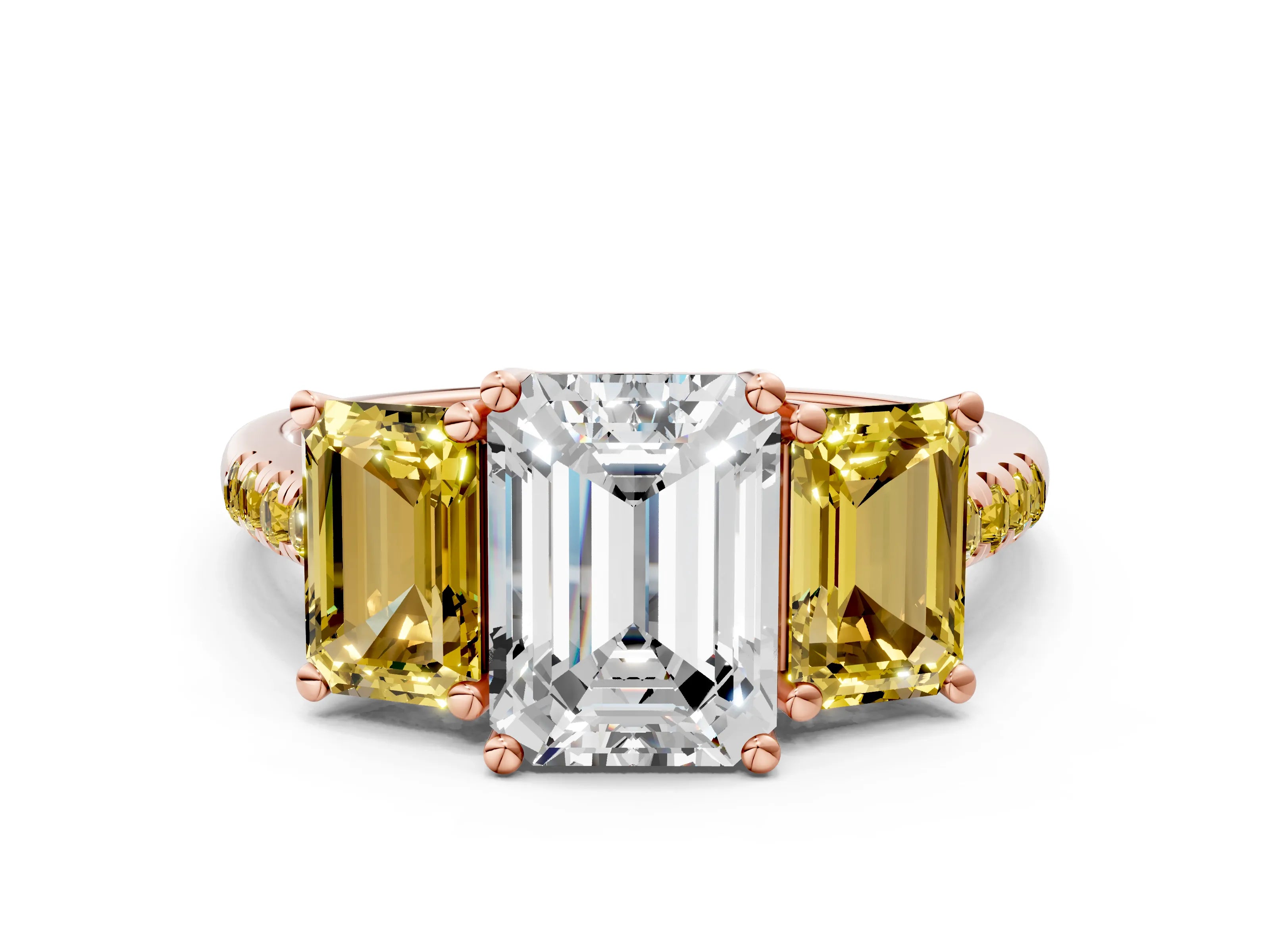 Rose gold Three-Stone Emerald Cut Diamond Ring with Round with Yellow Sapphire side stone Pavé Band and Prong Setting