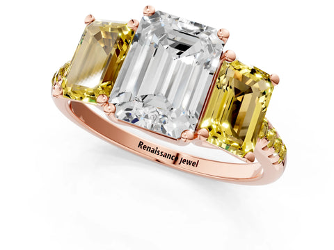 Rose gold Three-Stone Emerald Cut Diamond Ring with Round with Yellow Sapphire side stone Pavé Band and Prong Setting_1