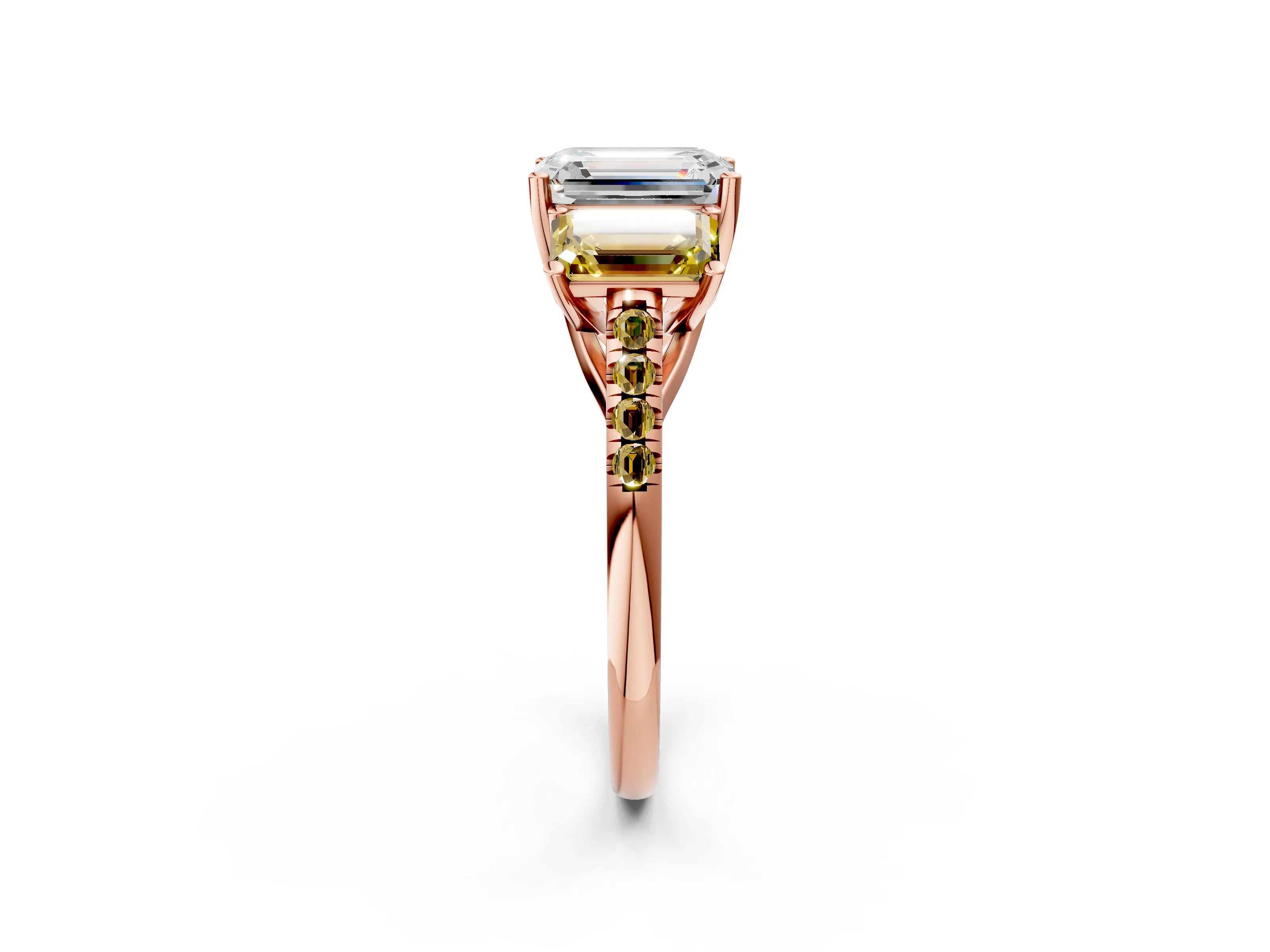 Rose gold Three-Stone Emerald Cut Diamond Ring with Round with Yellow Sapphire side stone Pavé Band and Prong Setting_2