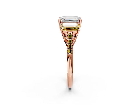 Rose gold Three-Stone Emerald Cut Diamond Ring with Round with Yellow Sapphire side stone Pavé Band and Prong Setting_2