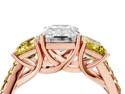 Rose gold Three-Stone Emerald Cut Diamond Ring with Round with Yellow Sapphire side stone Pavé Band and Prong Setting_4