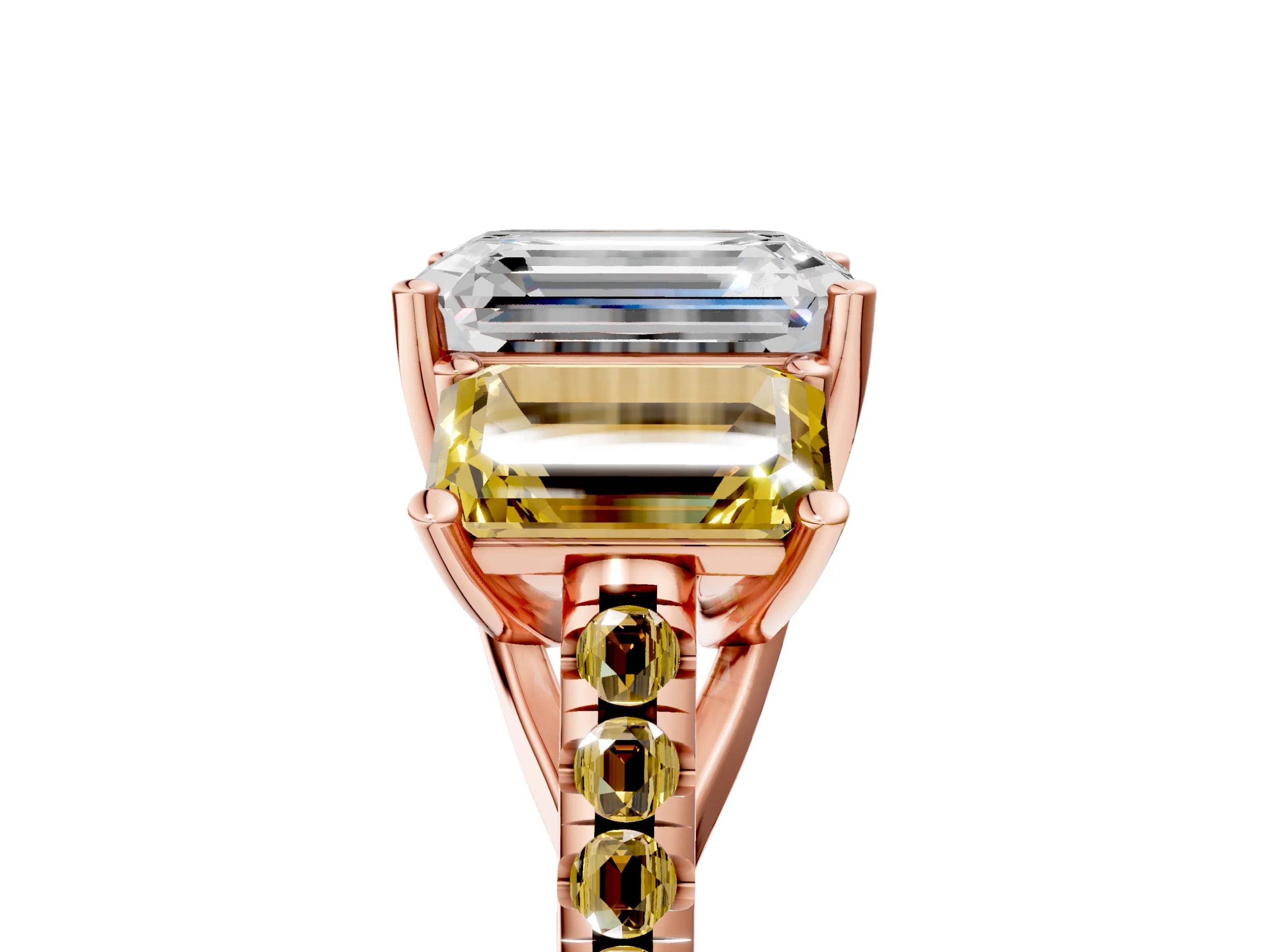 Rose gold Three-Stone Emerald Cut Diamond Ring with Round with Yellow Sapphire side stone Pavé Band and Prong Setting_5