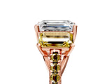 Rose gold Three-Stone Emerald Cut Diamond Ring with Round with Yellow Sapphire side stone Pavé Band and Prong Setting_5