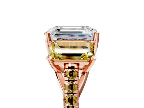 Rose gold Three-Stone Emerald Cut Diamond Ring with Round with Yellow Sapphire side stone Pavé Band and Prong Setting_5