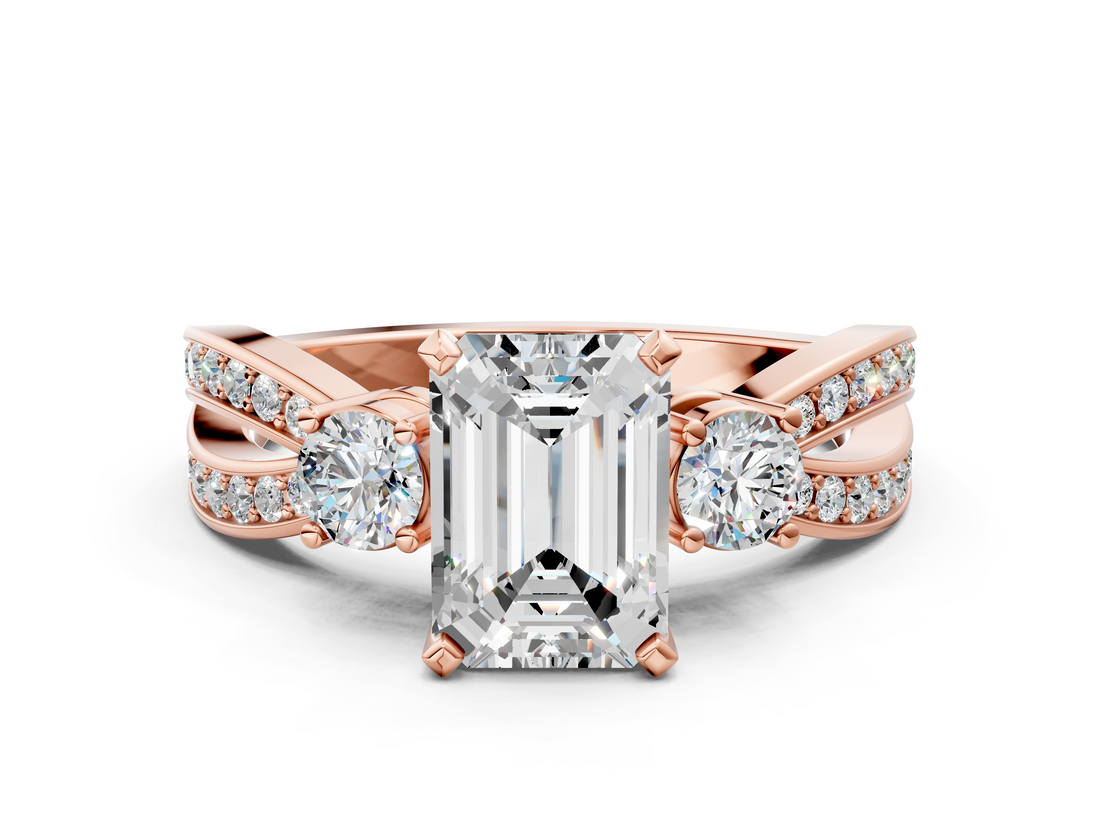 Rose gold Three-Stone Emerald Cut Diamond Twist Band with Prong Setting_68
