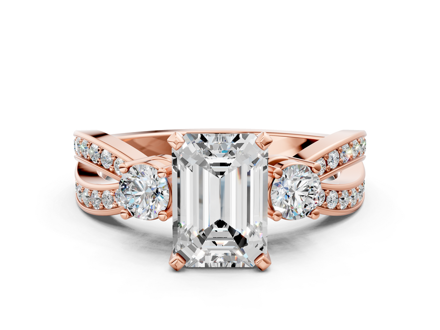 Rose gold Three-Stone Emerald Cut Diamond Twist Band with Prong Setting