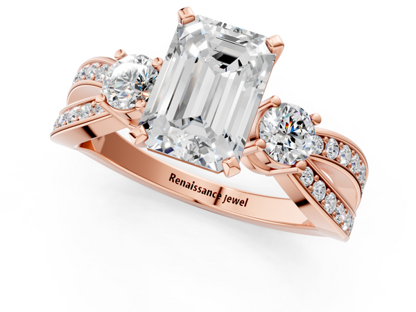 Rose gold Three-Stone Emerald Cut Diamond Twist Band with Prong Setting