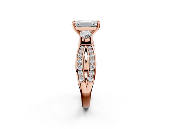 Rose gold Three-Stone Emerald Cut Diamond Twist Band with Prong Setting