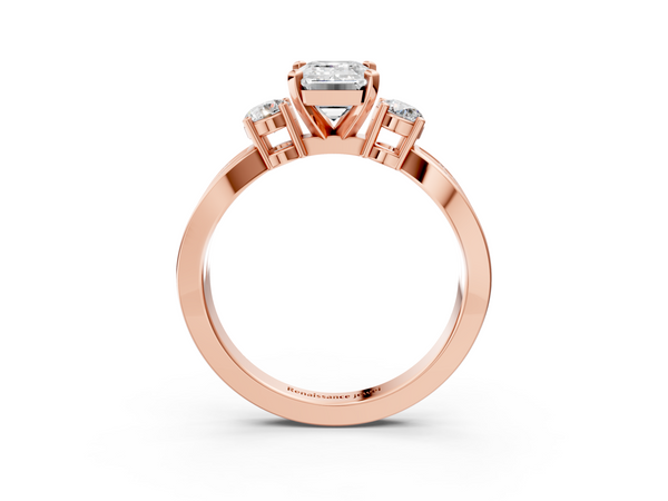 Rose gold Three-Stone Emerald Cut Diamond Twist Band with Prong Setting