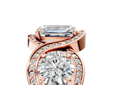 Rose gold Three-Stone Emerald Cut Diamond Wave Pave Band with Prong Setting_14