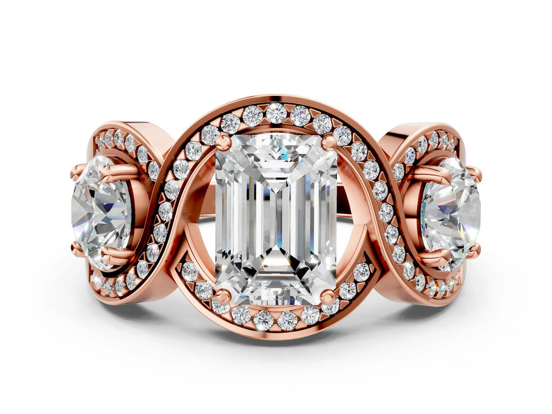 Rose gold Three-Stone Emerald Cut Diamond Wave Pave Band with Prong Setting_9
