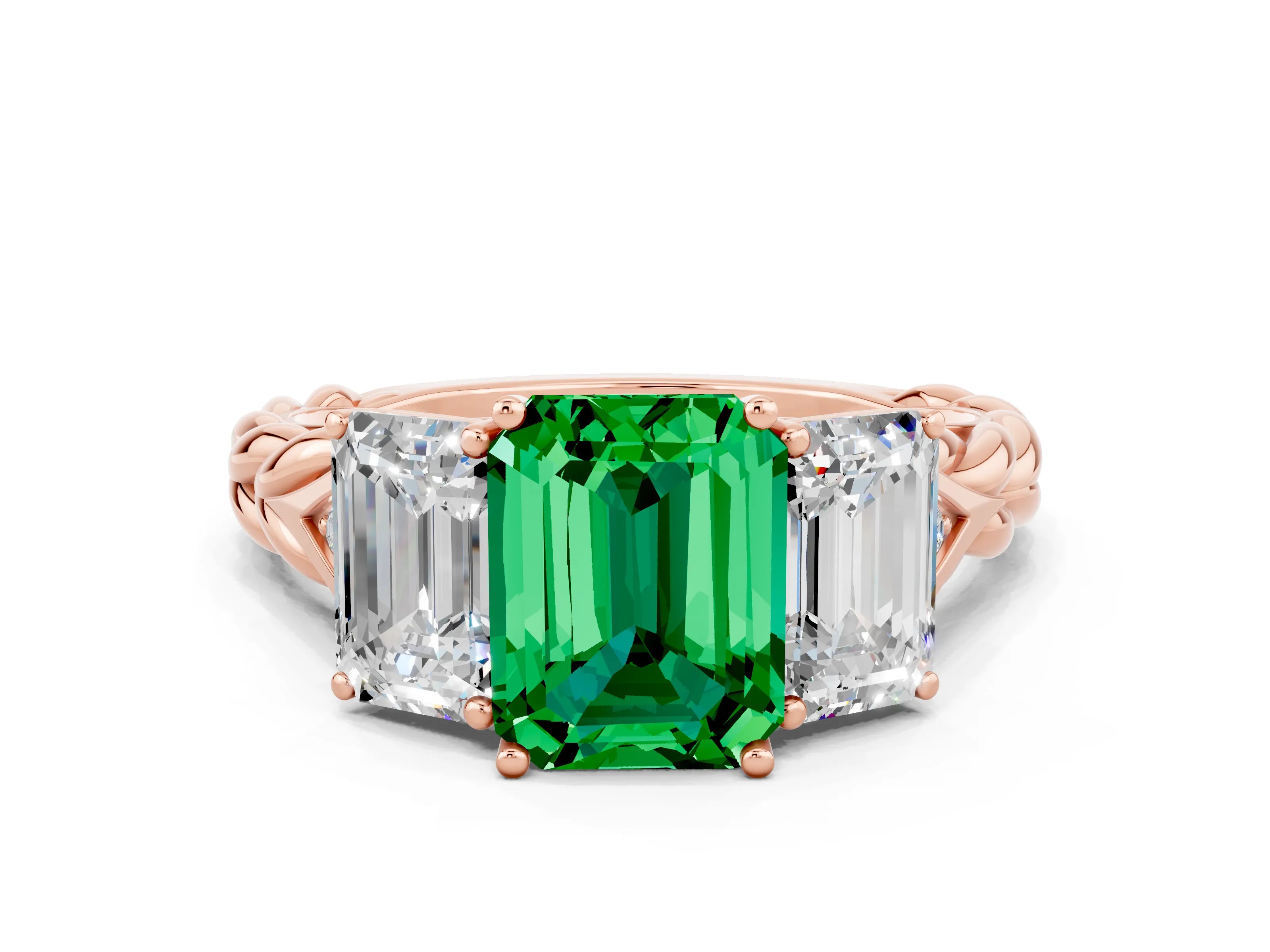 Rose gold Three-Stone Emerald Cut Emerald Braided Band Ring with Four-Prong Setting_36