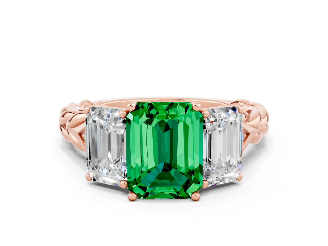 Rose gold Three-Stone Emerald Cut Emerald Braided Band Ring with Four-Prong Setting_36