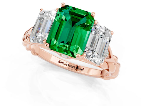 Rose gold Three-Stone Emerald Cut Emerald Braided Band Ring with Four-Prong Setting_37