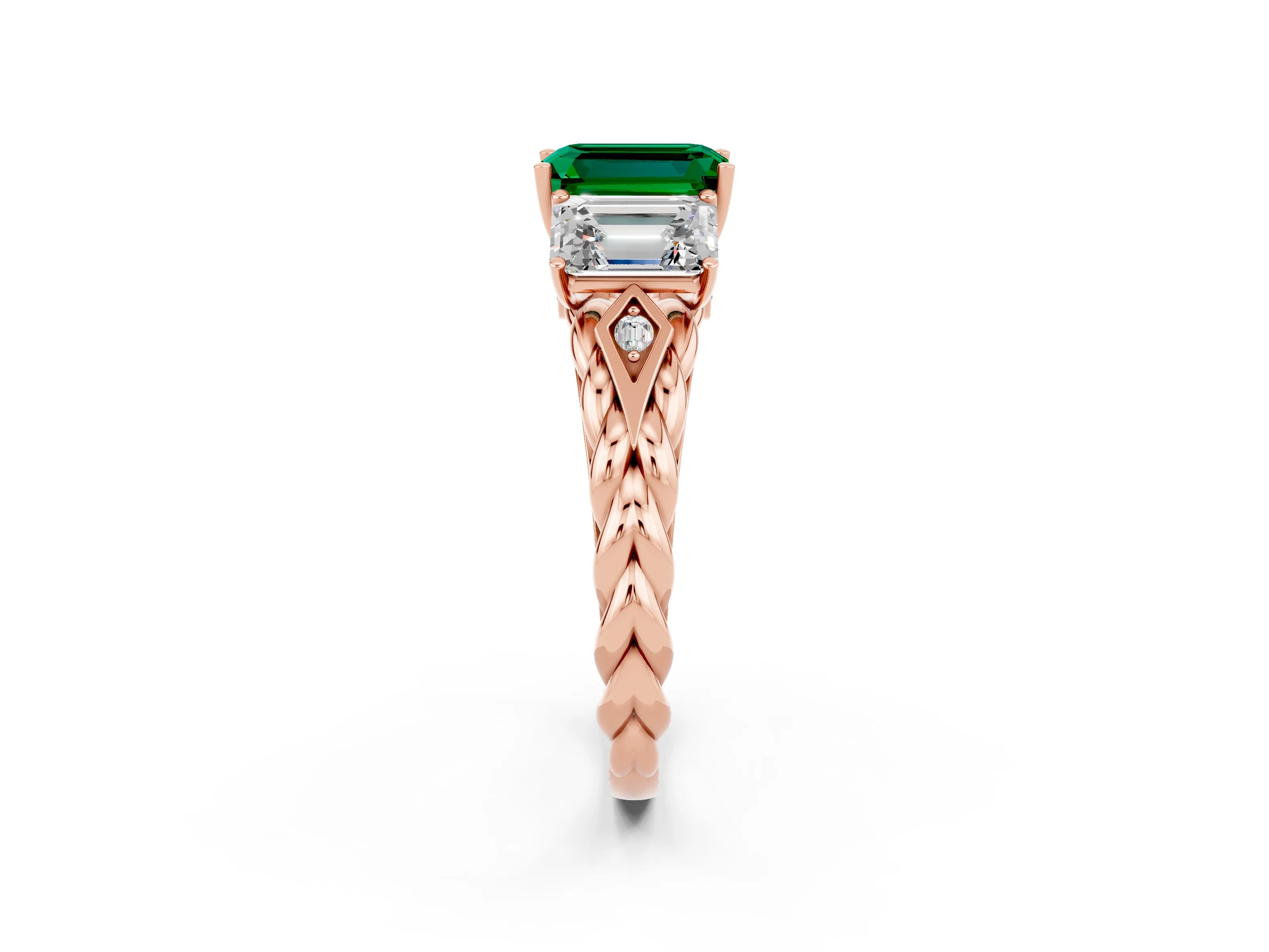 Rose gold Three-Stone Emerald Cut Emerald Braided Band Ring with Four-Prong Setting_38
