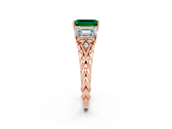 Rose gold Three-Stone Emerald Cut Emerald Braided Band Ring with Four-Prong Setting