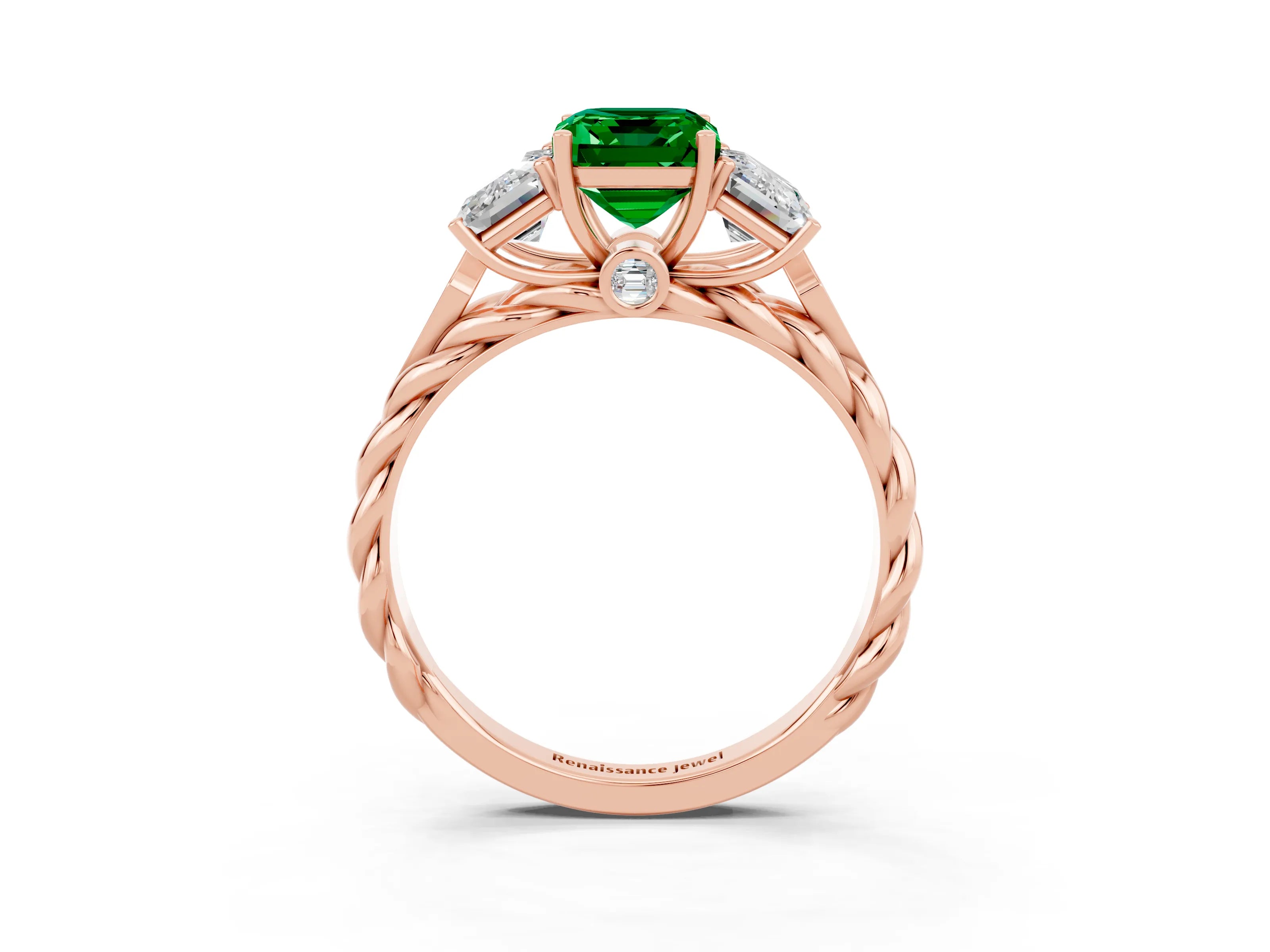 Rose gold Three-Stone Emerald Cut Emerald Braided Band Ring with Four-Prong Setting_39