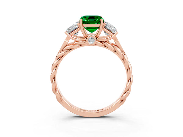 Rose gold Three-Stone Emerald Cut Emerald Braided Band Ring with Four-Prong Setting