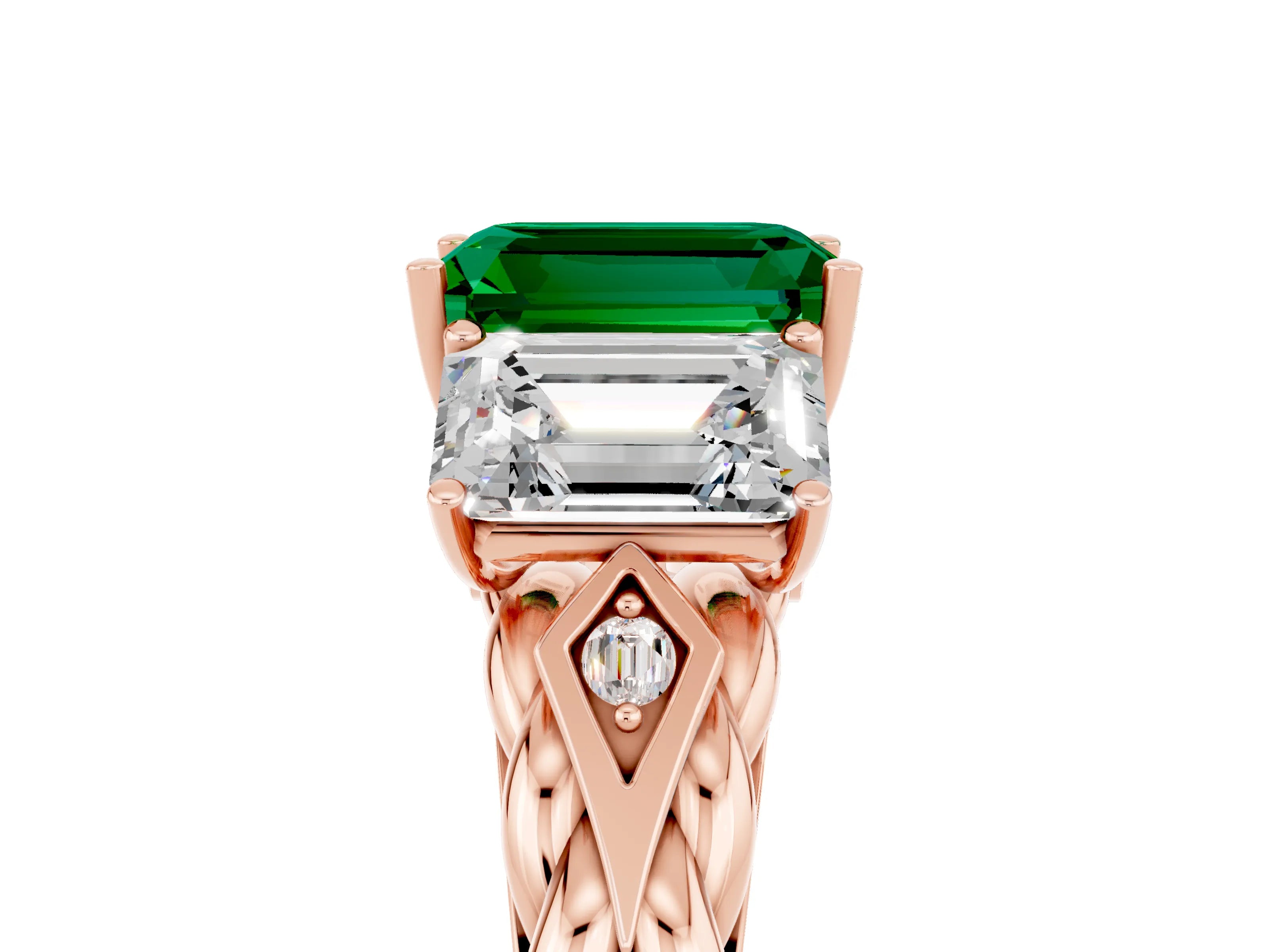 Rose gold Three-Stone Emerald Cut Emerald Braided Band Ring with Four-Prong Setting_41