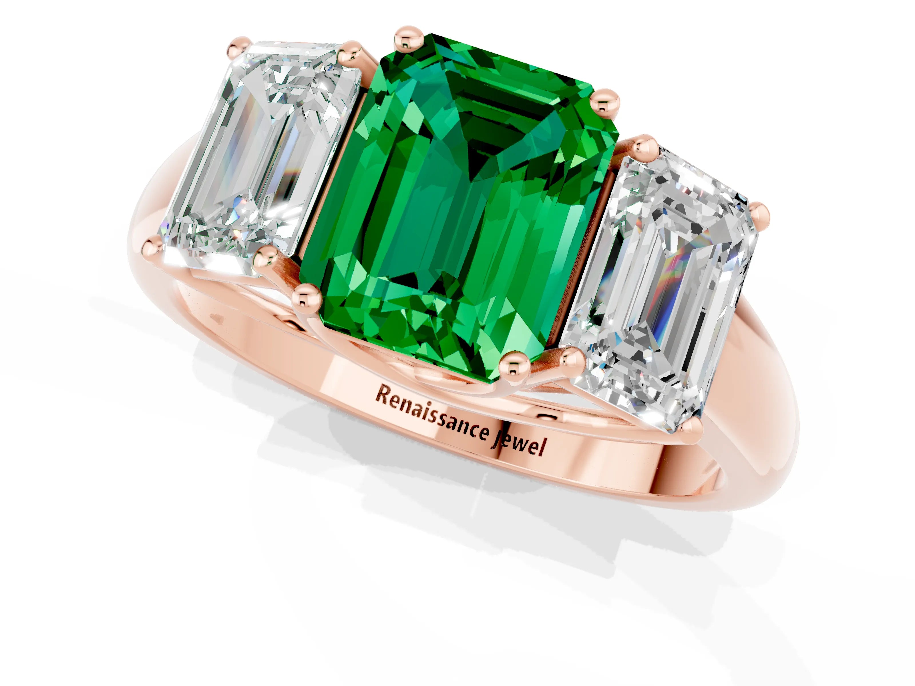 Rose gold Three-Stone Emerald Cut Emerald Engagement Ring with Prong Setting_1
