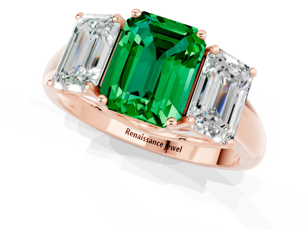 Rose gold Three-Stone Emerald Cut Emerald Engagement Ring with Prong Setting