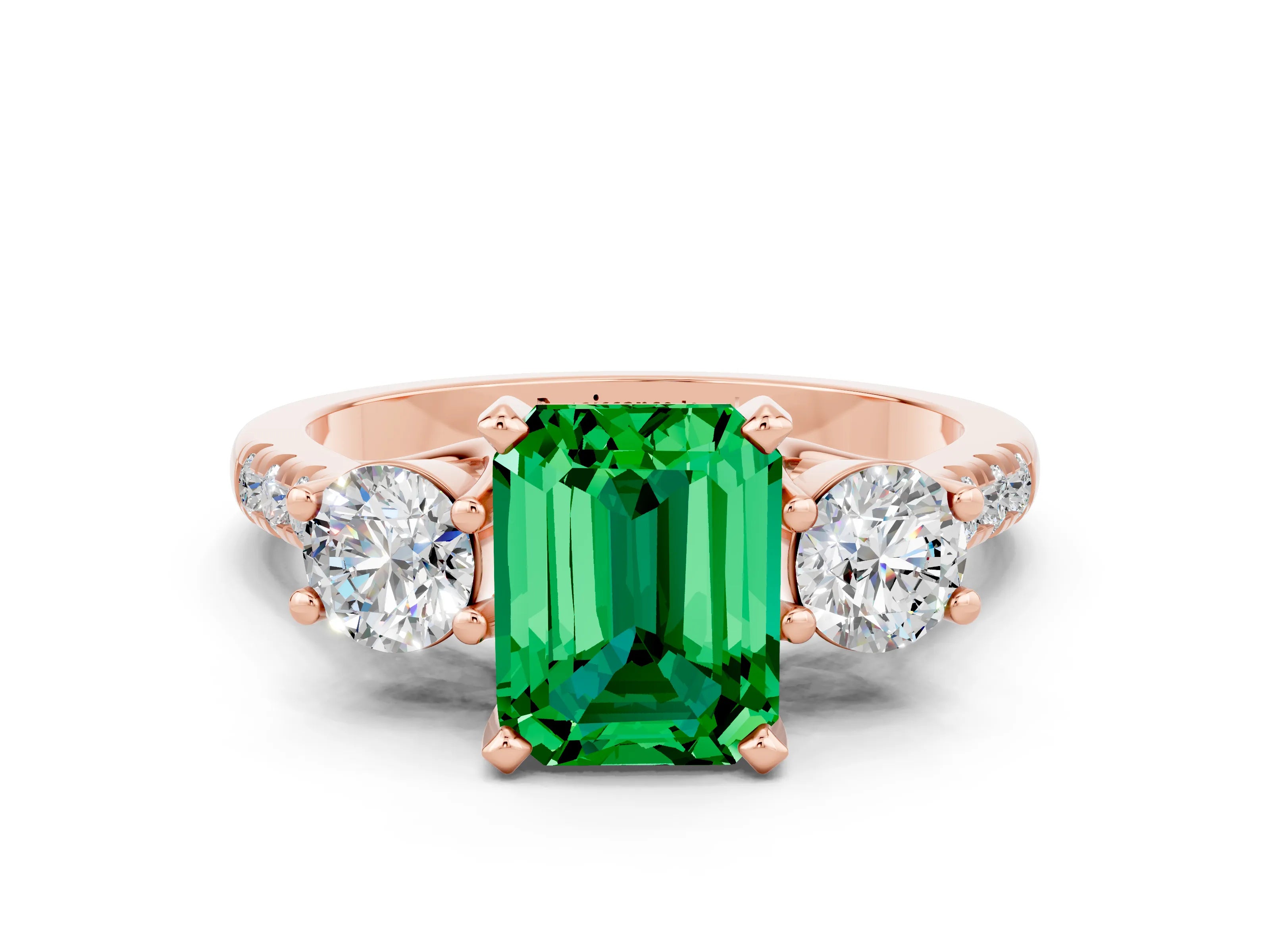 Rose gold Three-Stone Emerald Cut Emerald Pavé Band with Four-Prong Setting