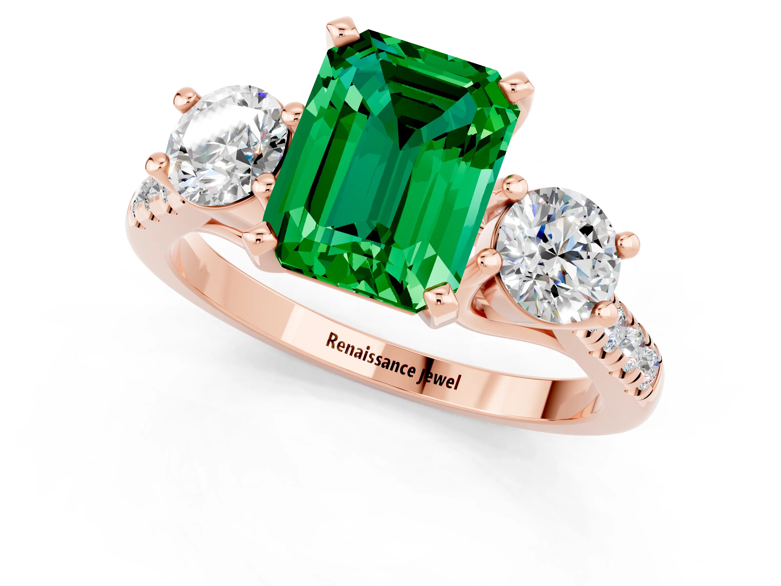Rose gold Three-Stone Emerald Cut Emerald Pavé Band with Four-Prong Setting_1