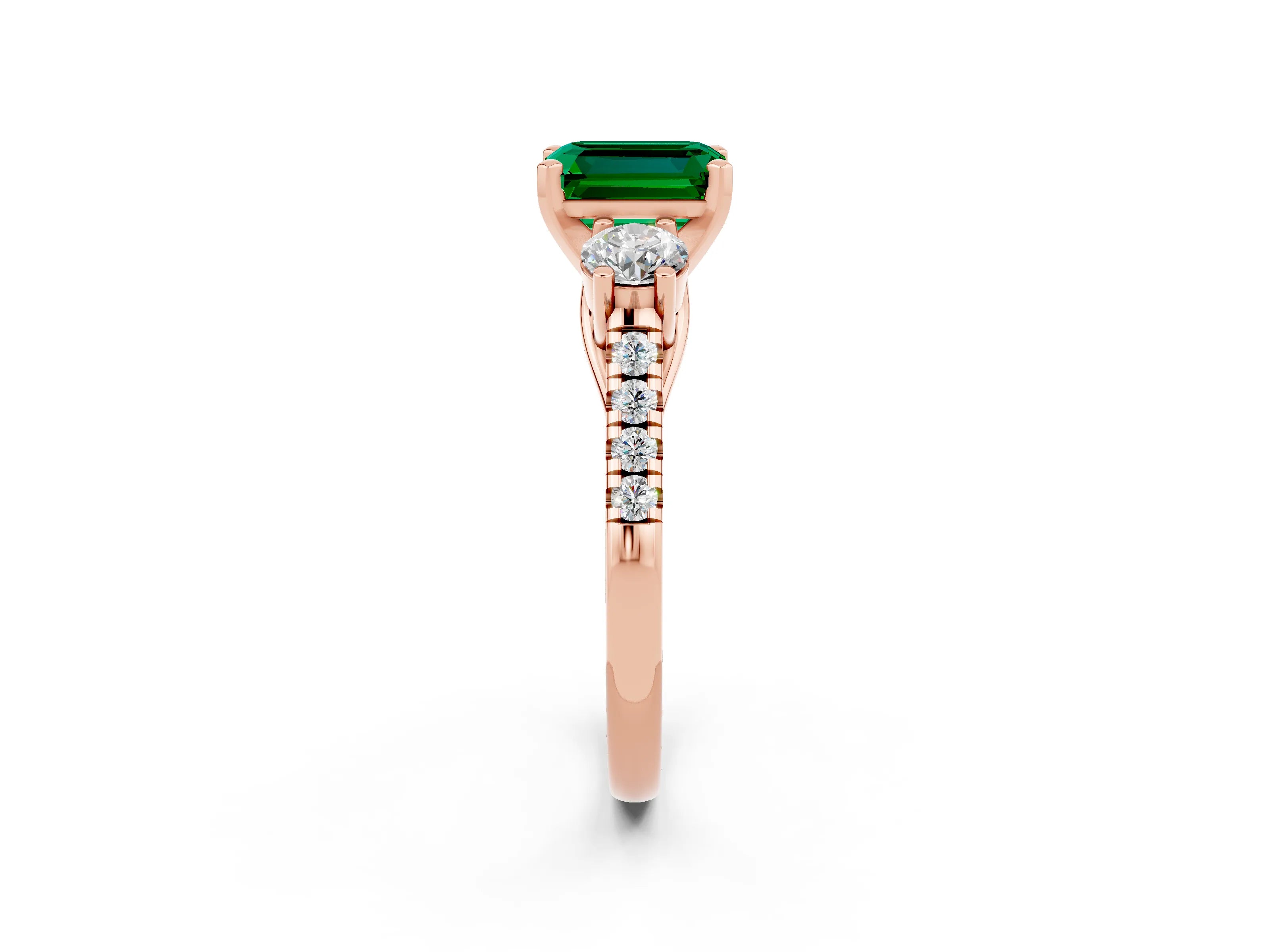 Rose gold Three-Stone Emerald Cut Emerald Pavé Band with Four-Prong Setting_2