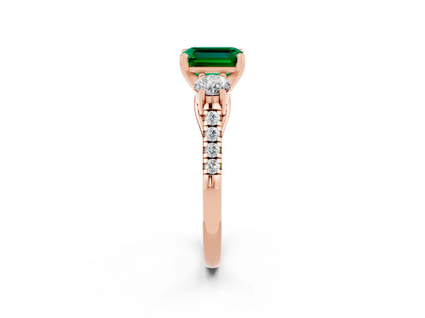 Rose gold Three-Stone Emerald Cut Emerald Pavé Band with Four-Prong Setting