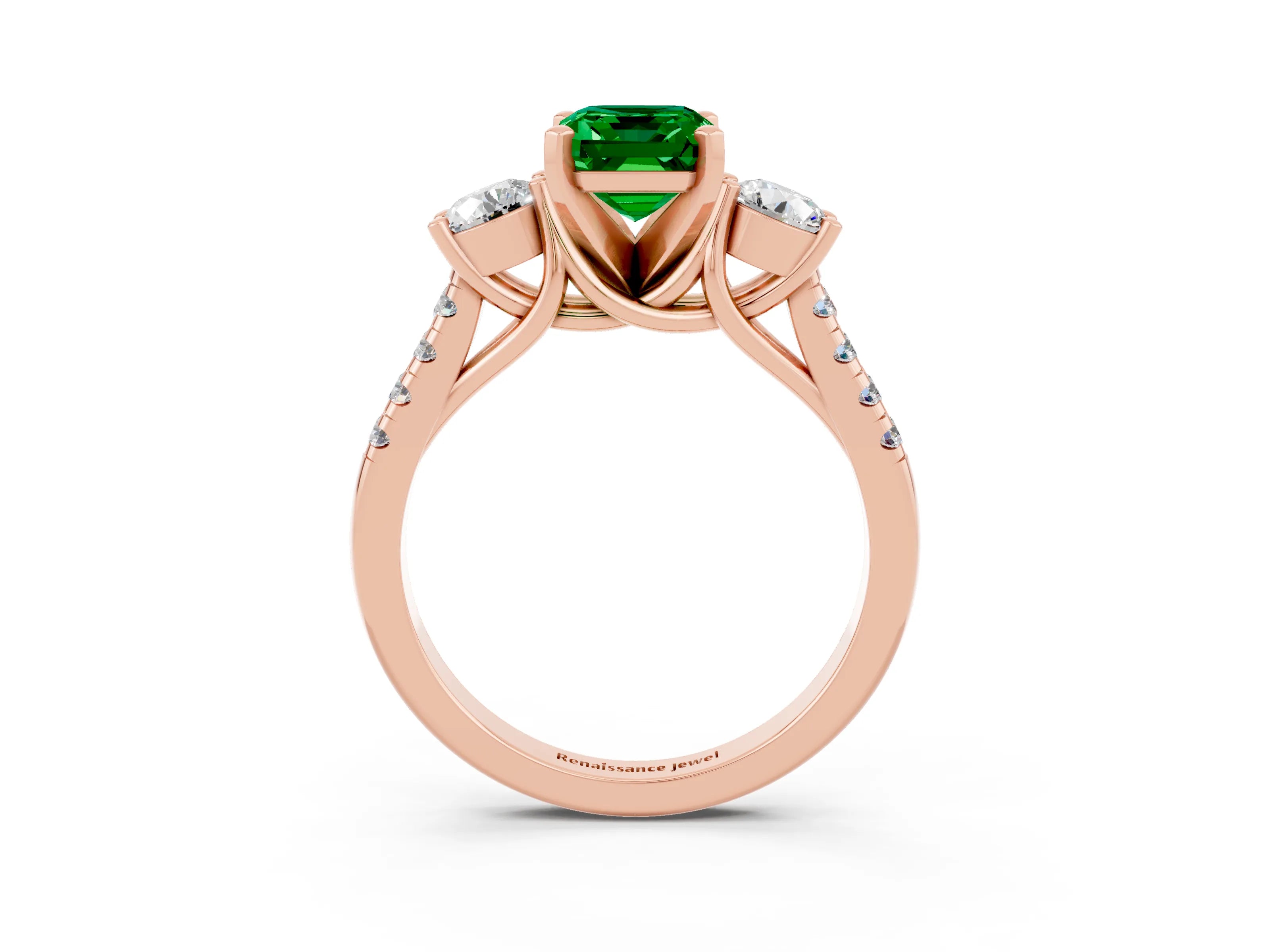 Rose gold Three-Stone Emerald Cut Emerald Pavé Band with Four-Prong Setting_3