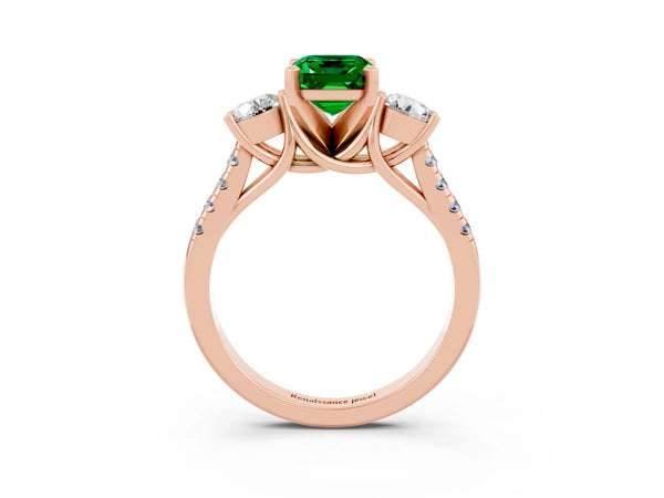 Rose gold Three-Stone Emerald Cut Emerald Pavé Band with Four-Prong Setting