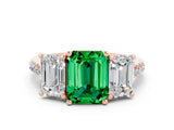 Rose gold Three-Stone Emerald Cut Emerald Ring with Pavé Band and Prong Setting_12
