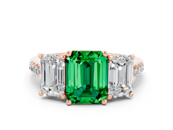 Rose gold Three-Stone Emerald Cut Emerald Ring with Round  Pavé Band and Prong Setting