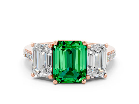 Rose gold Three-Stone Emerald Cut Emerald Ring with Pavé Band and Prong Setting_12